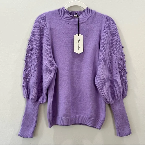 Vine & Love Purple Pom Pom Sleeve Sweater Large NWT Lavender Balloon Sleeve Knit - Picture 1 of 9